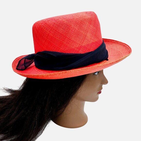 Vintage Red Straw Hat by Saks Fifth Avenue Union Label USA 22.5\